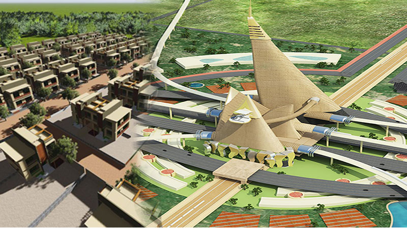 "Artist's rendering of Dholera SIR's modern smart city features, including automated transportation systems and green buildings."
