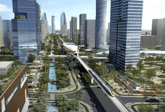 "Rendering of a sustainable building in Dholera SIR with solar panels and energy-efficient technologies as part of the smart city vision."
