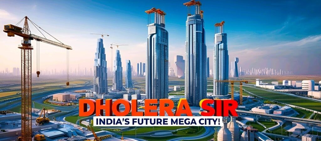 "Aerial view of Dholera SIR showing expansive land and surrounding infrastructure development along the Delhi-Mumbai Industrial Corridor."
